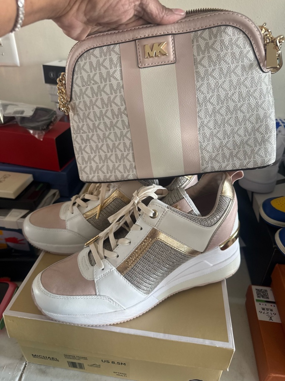Michael Kors Women's White & Blush Platform Sneakers with purse